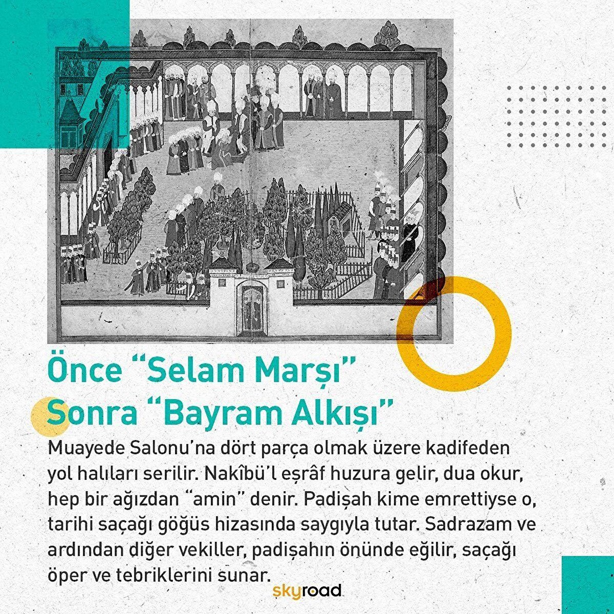 📌 Bayramlaşma töreni için Muayede Salonu’na altın taht kurulur, kırmızı yol halıları serilir. Valide Sultan, salonun kafesli pencereleri ardında yerini aldığında artık yolu gözlenen tek kişi padişahın kendisidir…⠀