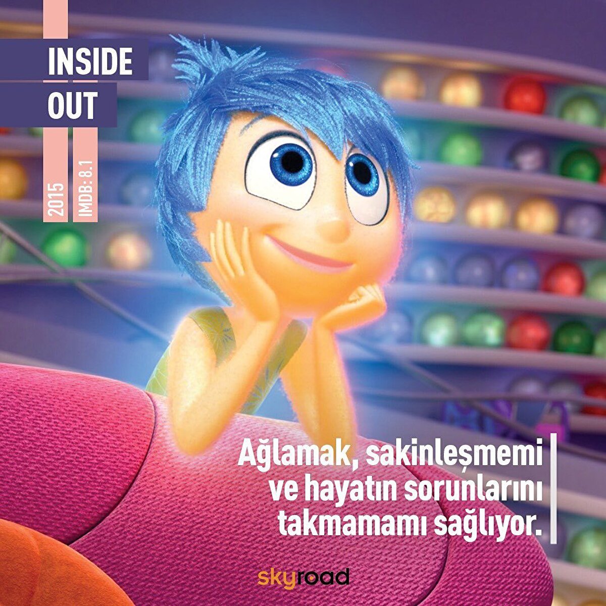 🖤 Inside Out (Ters Yüz: Film, Riley isimli küçük bir çocuğunun hikayesini anlatıyor. Riley'in zihninde Neşe, Üzüntü, Korku, Öfke ve Tiksinti isimli karakterler yaşamaktadır. Neşe, Riley’nin en önemli duygusudur ve onu hep pozitif tutmaya çalışır ama diğer duygular Riley’in yeni hayatına uyum sağlama konusunda biraz şaşkındır.⠀