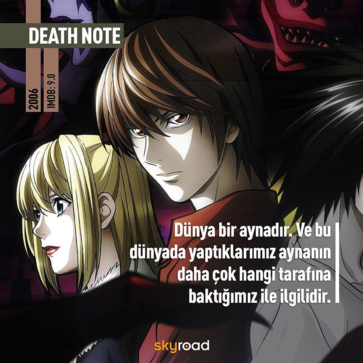 📓Death Note - Konu: Suç, Dram: Yagami Light için bu dünyada en önemli şey adalettir. Ryuk, Şinigami Dünyasında hep aynı şeyleri yapmaktan sıkılmıştır ve eğlenmek için sahip olduğu iki Ölüm Defteri' nden birini dünyaya atar. Bu defteri Light bulur. Defteri açtığında ilk olarak kuralları okur. Bu deftere ismi yazılan kişi ölür. Light, bu defteri kullanarak dünyaya adaleti sağlamak ve Yeni Dünyanın Tanrısı olmak ister. Sonra, Interpol tarafından bu gizemli ölümler hakkında bir soruşturma başlatılır.⠀