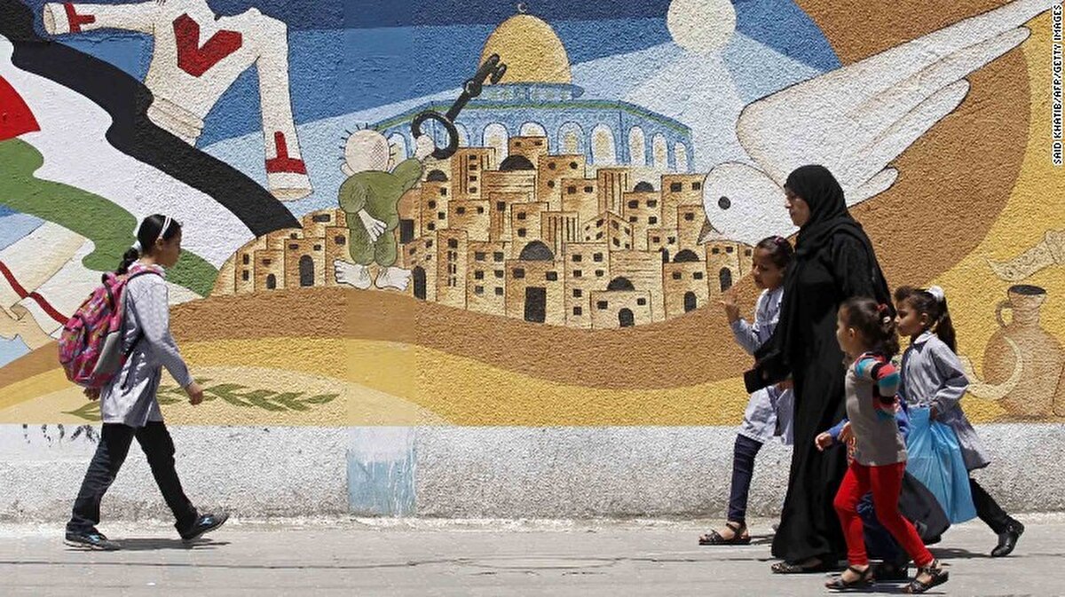 2014 yılında çekilen bu fotoğrafta Filistinliler, Hanzala'nın Kudüs şehrinin anahtarını elinde tuttuğu bir grafitinin önünden geçerken görülüyor.