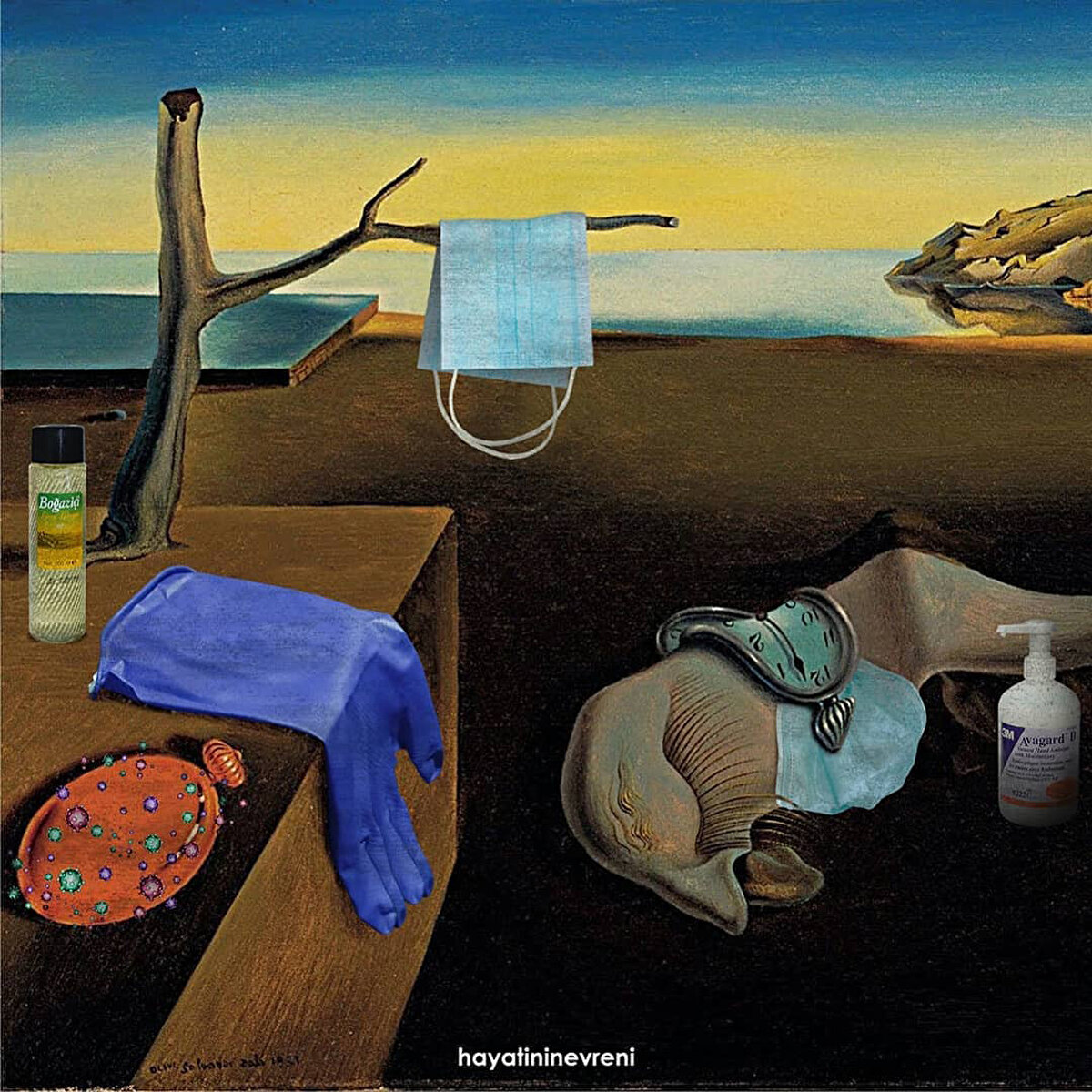 Salvador Dali’nin ikonik “Persistence of Memory” eseri üzerine çalışması “Persistence of Corona”. Orjinalinde akan saatlerin yerini bu sefer maskeler, dezenfektanlar alıyor. Evren’in diğer birçok mash-up çalışmasını görmek için 'hayatininevreni' adlı sosyal medya hesabına göz atabilirsiniz.