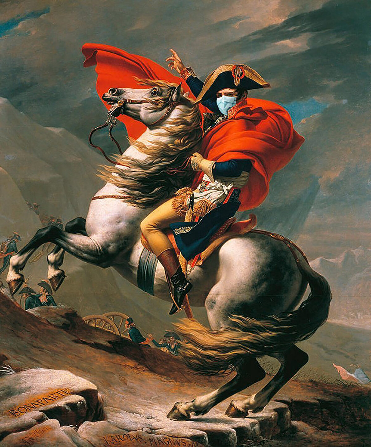 Sanatçı, son zamanlarda karakterlerin yüzlerini kapattığı eserleriyle tanınıyor. “Napoleon Crossing the Alps” eserinde Napolyon Bonapart’a giydirdiği maske ile ‘’1801 yılında koronovirüs olsaydı nasıl olurdu?’’ sorusunu düşündürüyor.
