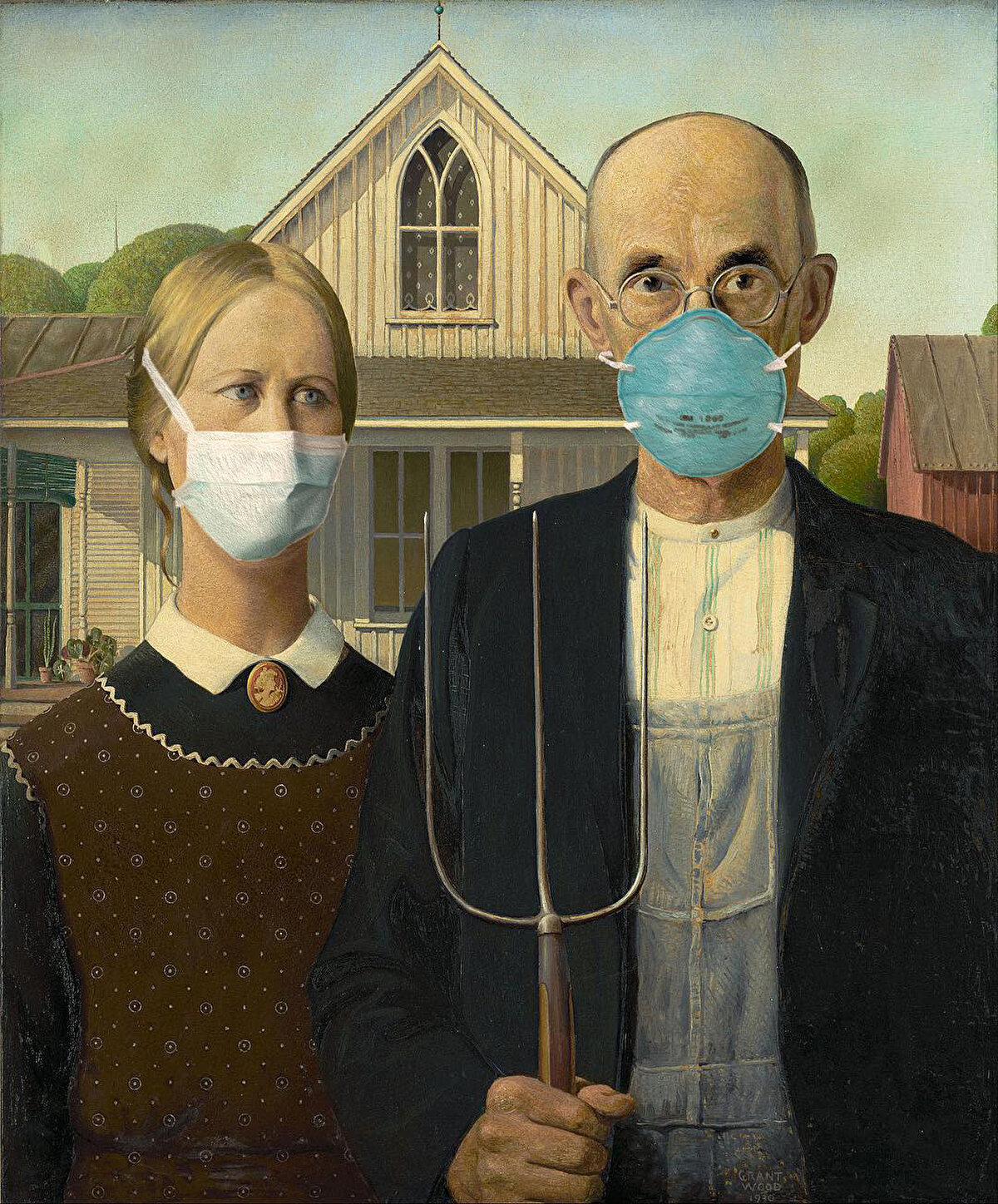 Fotoğrafçı Genevieve Blais, salgın sürecinde maske takarak kendimizi ve diğer insanları korumanın önemine dikkat çekmek için eski sanat eserlerine maske giydiriyor. “American Gothic” resmindeki çiftçilere maske giydirdiği çalışmasının ardından “Çiftçiler zaten sosyal mesafeye alışkın” ifadelerini kullanıyor.