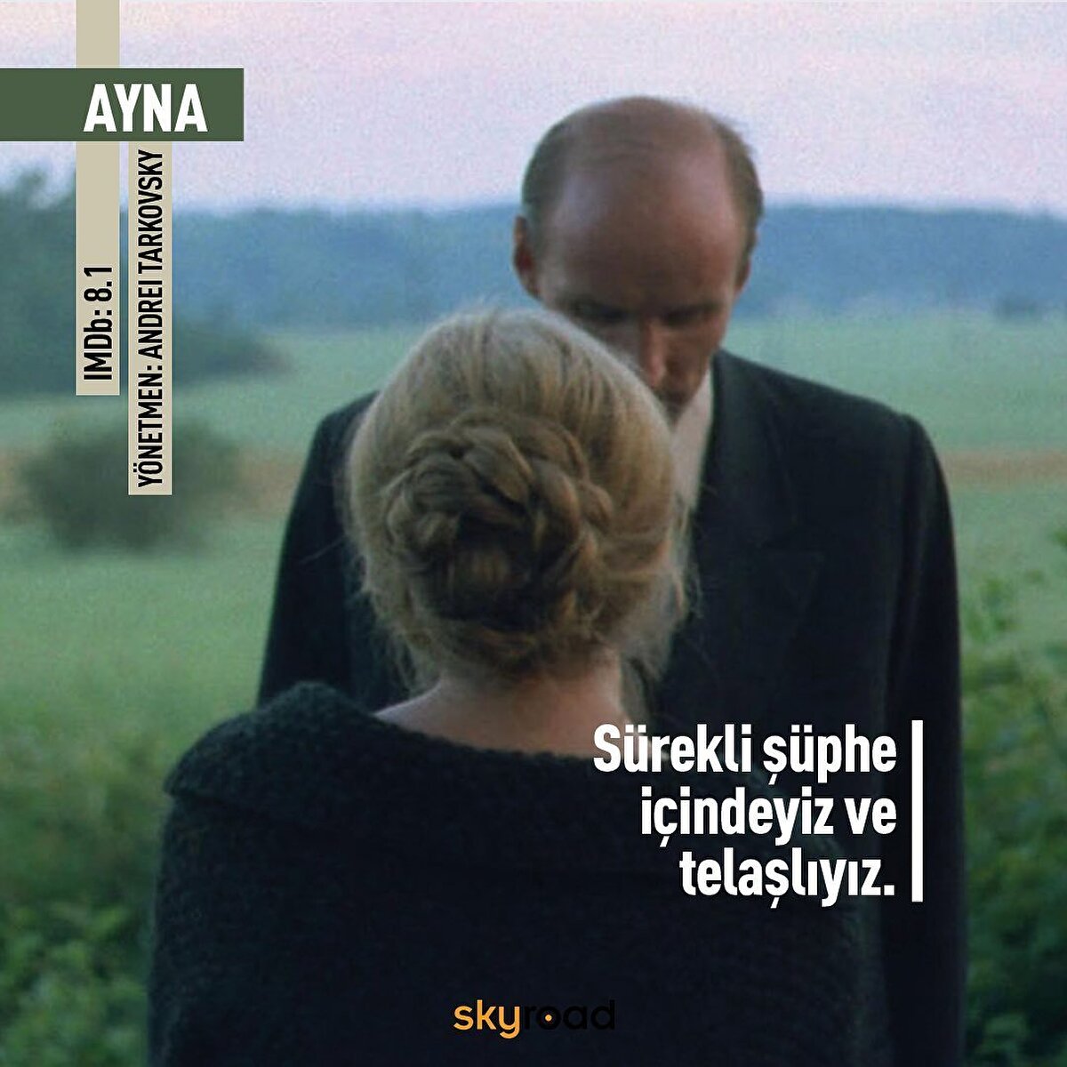 💭 Ayna, 1975: Ayna, yönetmenin kendi yaşamından yola çıkarak aşk, anılar, bağlılık ve belki de hayatın kendisi üzerine şiirsel bir film. II. Dünya Savaşı öncesinde geçen film, ormanın içinde bir klübede geçiyor. Ünlü yönetmen Tarkovsky’nin hayatına odaklanılan filmde, yönetmenin eski karısı, annesi, babası, kendi hayatı ve ebeveynlerinin kuşakları arasında bir yolculuğa çıkılıyor. ⠀