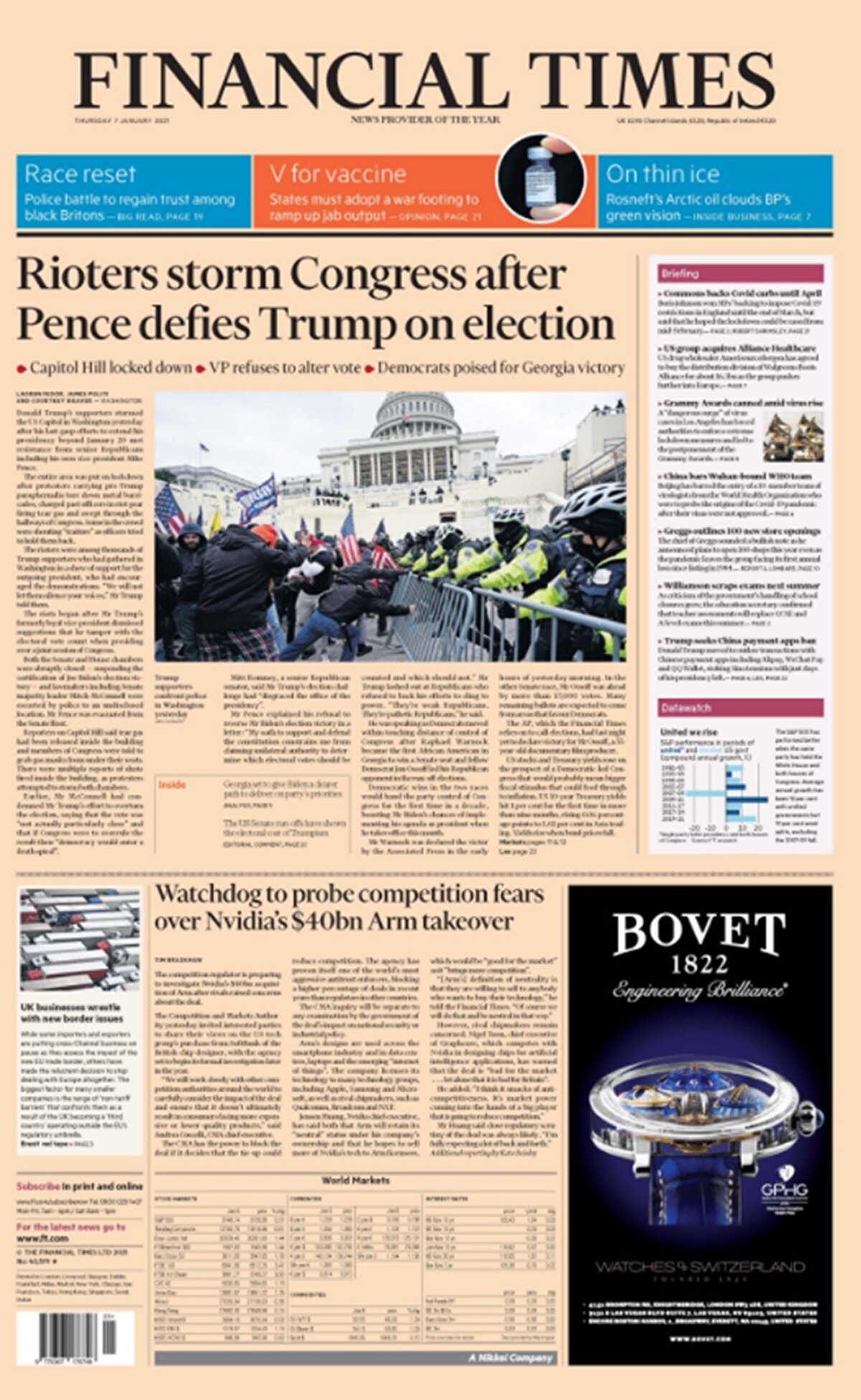 ABD'nin saygın ekonomi gazetelerinden Financial Times, Pence Trump'a meydan okuduktan sonra isyancılar Kongre'ye saldırdı manşetini attı.