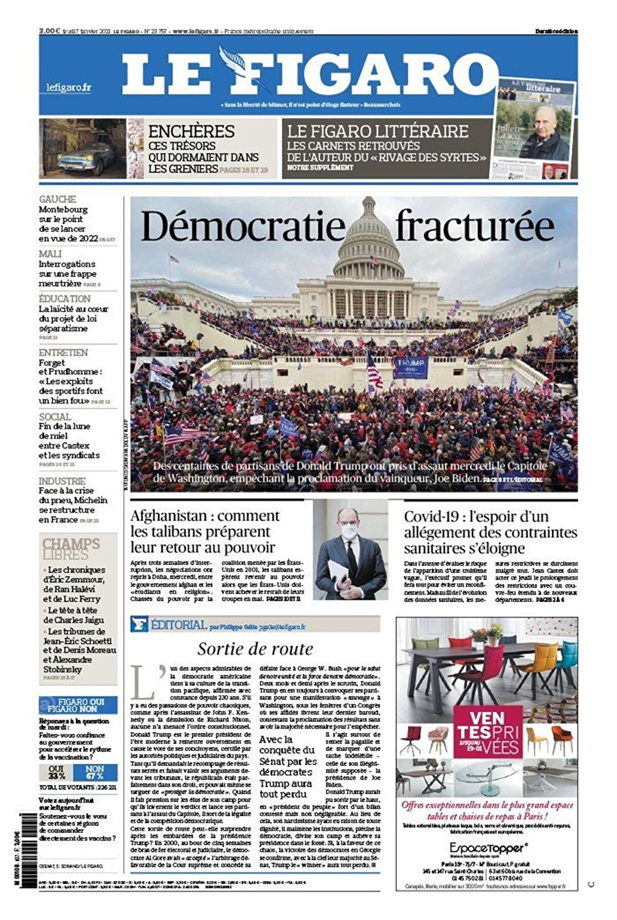 Fransız Le Figaro gazetesi, Trump desteklçilerinin Kongre'ye akın etmesini Joe Biden'a bir saldırı olarak niteleyerek, manşetinde kırık demokrasi ifadelerini kullandı.