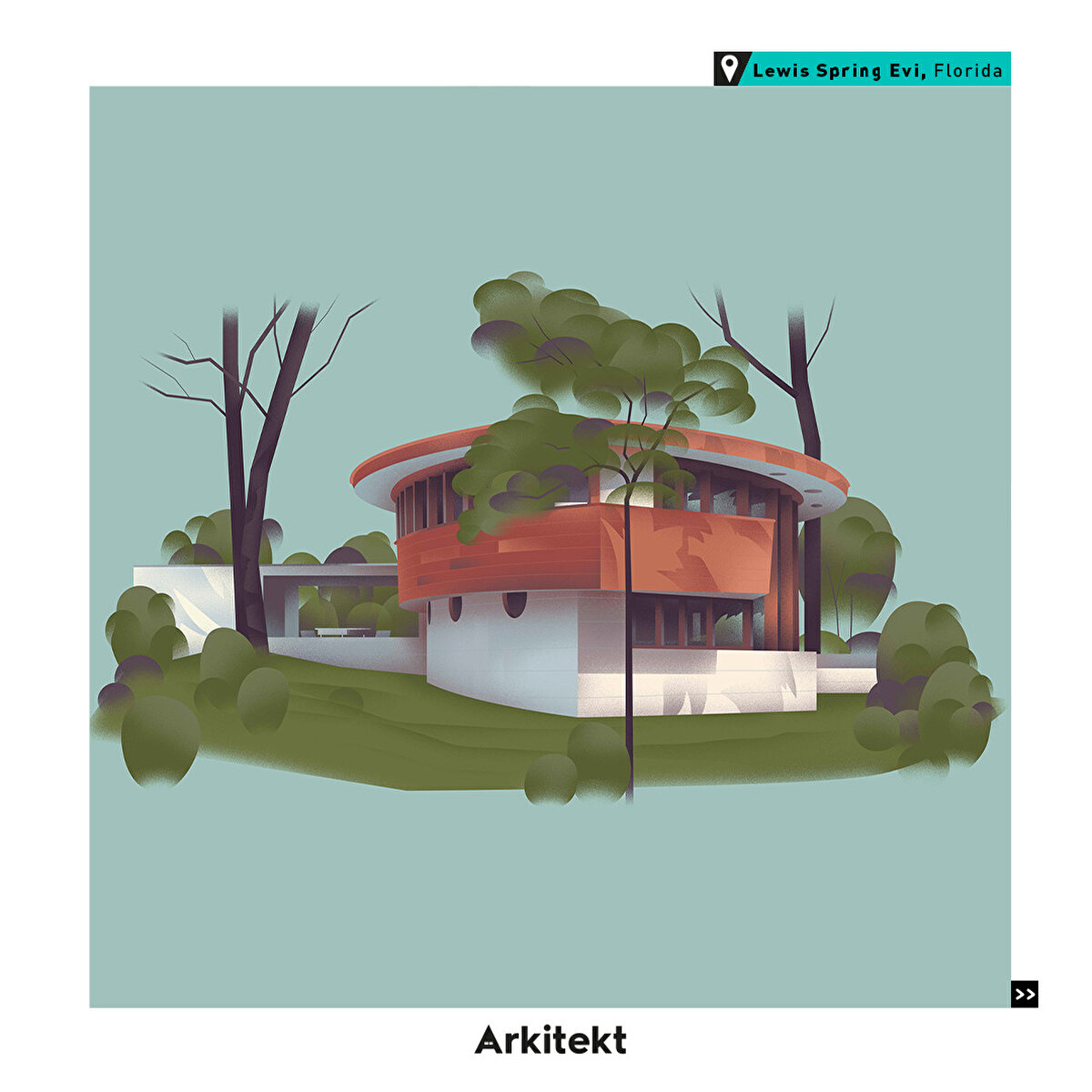 4-Lewis Spring Evi, Florida: Bu kapsül şeklindeki ev, Wright’ın Florida’daki tek konutu ve Guggenheim müzesi ile aynı kıvrımlı özellikleri paylaşıyor.