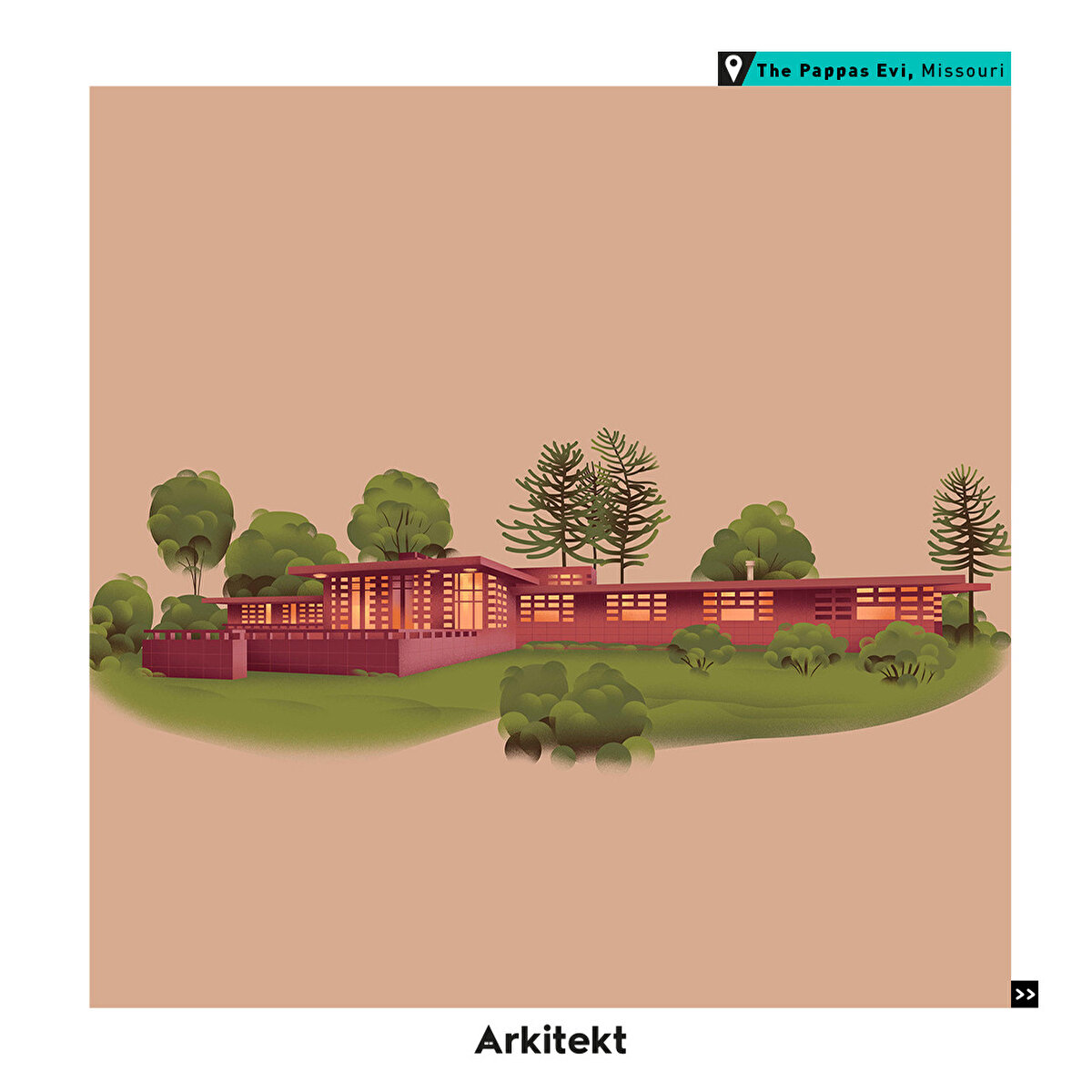 8-The Pappas Evi, Missouri: Pişmiş topraktan ve renkli beton bloklardan inşa edilen yapı, farklı tavan düzlemleri içeriyor.