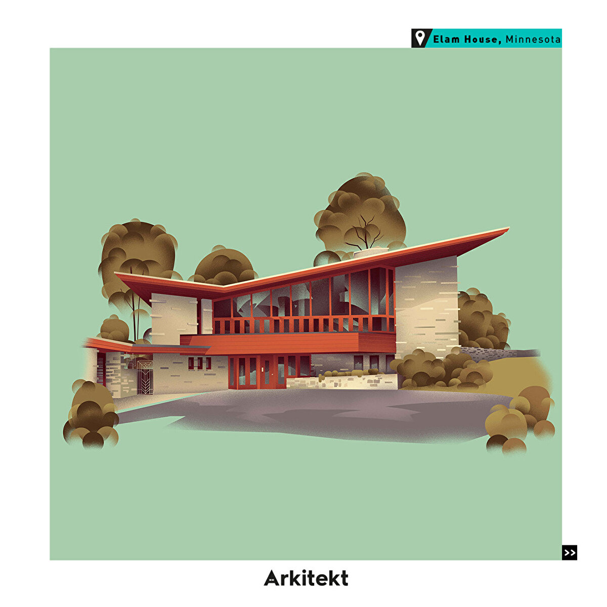 7-Elam House, Minnesota: Wright bu evi, araziyi hiç görmeden arsanın fotoğraflarına bakarak tasarladı.