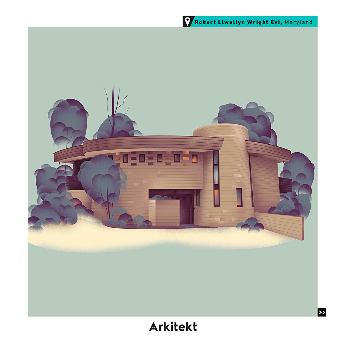 6-Robert Llwellyn Wright Evi, Maryland: Badem şeklindeki bir yapının etrafında eşmerkezli kesişen eğrilere sahip yapı, Wright’ın kendi oğlu için tasarlandı.