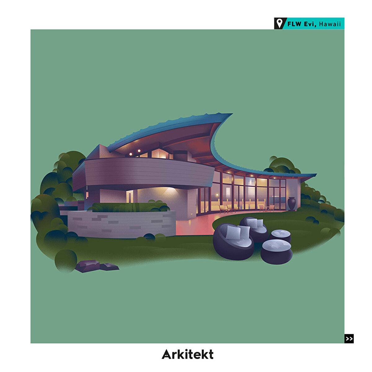 5-FLW Evi, Hawaii: 1954 yılında Pensilvanya’da Cornwell Ailesi için tasarlanan yapı, 1995 yılında tamamlandı ve organik mimari ilkelerini bünyesinde barındırıyor.