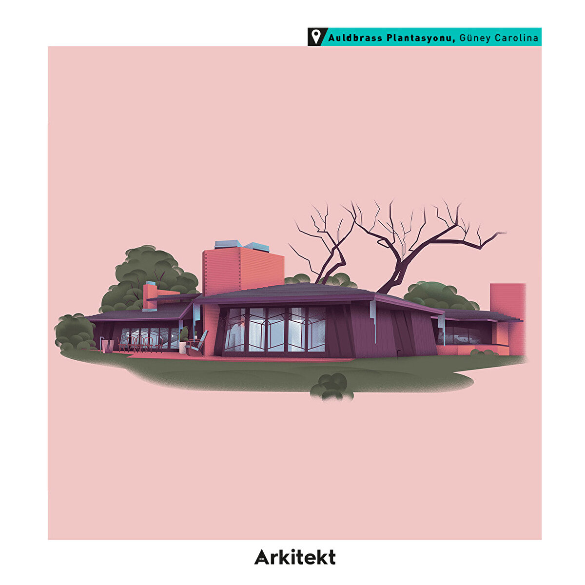 10-Auldbrass Plantasyonu, Güney Carolina: C. Leigh Stevens Evi olarakta bilinen yapı, çevresindeki meşe ağaçlarıyla uyumlu olarak, dış duvarları çatıya doğru hafif bir eğimle inşa edildi.