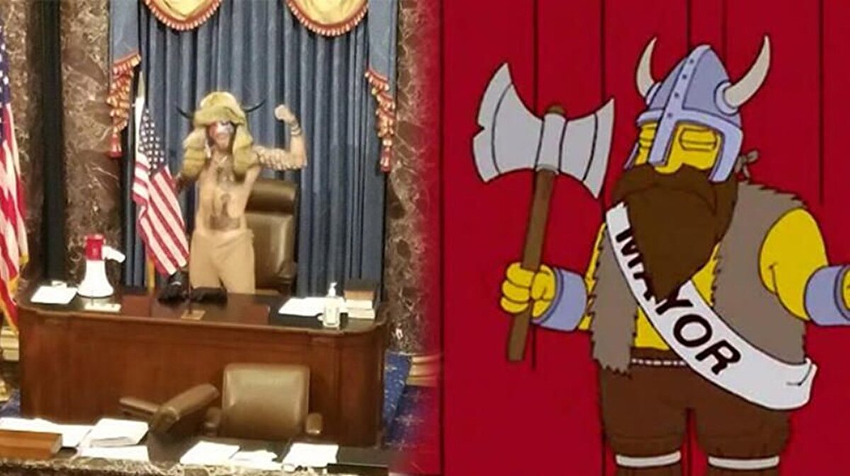 ABD'de Kongre Binası işgali  Dünyaca ünlü kült çizgi film Simpsonlar (The Simpsons) kehanetleriyle sosyal medyaya konu olmaya devam ediyor.  Efsane çizgi dizinin hayranları, dizinin ABD'deki son durumu da bildiğine dikkat çekti. Trump yanlılarının Washington'daki Kongre Binası'nı basması olayında, üstü çıplak, kafasında bir miğfer olan göstericinin görüntüsü ile Simpsonlar'da üzerinde Vali yazan bir kuşak taşıyan miğferli adamın yan yana görüntüsü, sosyal medyada en çok paylaşılan görseller arasına girdi.