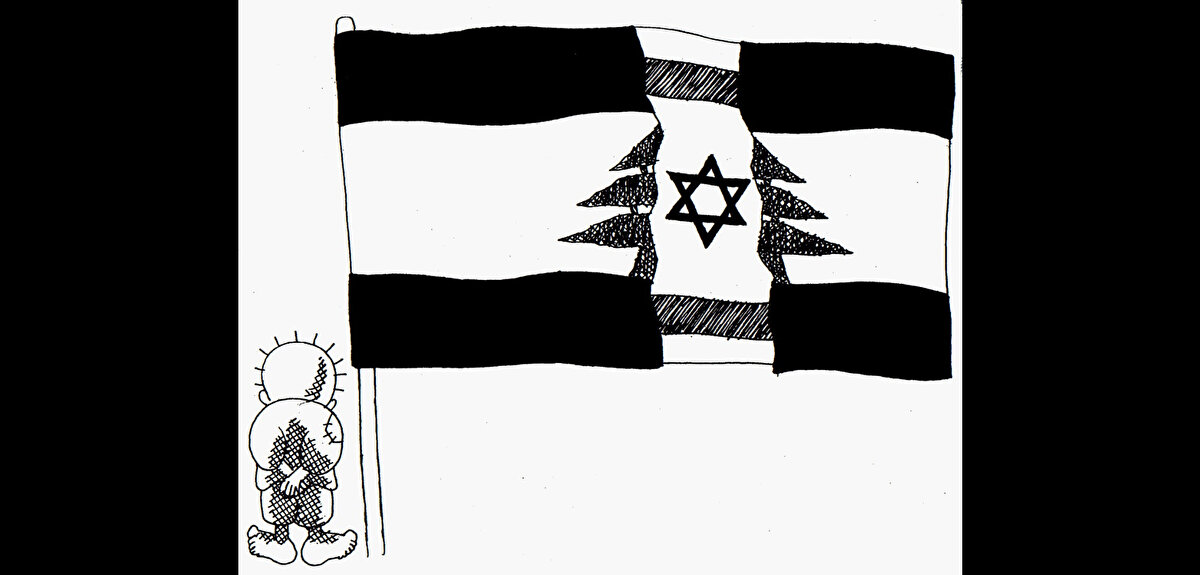 Lübnan bayrağının altına gizlenen İsrail bayrağını tasvir eden karikatür.