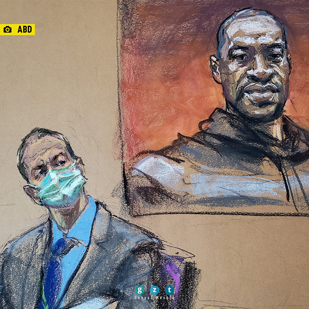 Eski Minneapolis polis memuru Derek Chauvin, yargılandığı George Floyd davasında Floyd’un fotoğrafının önünde oturuyor. Mahkemeden alınan bir eskiz.