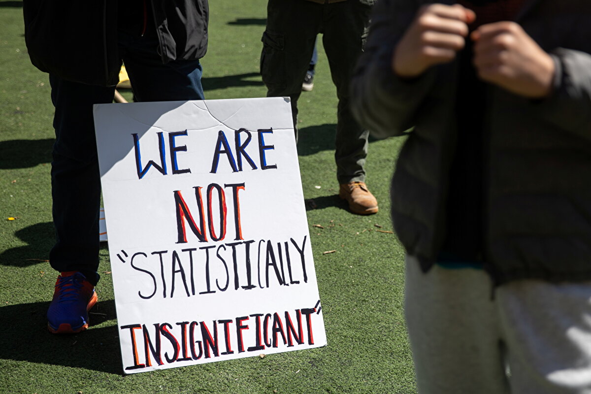 Pankartta, 'İstatistiksel olarak önemsiz değiliz' ifadesi yer alıyor. Burada Asyalıların 'kayda değer sayıda' olduğuna atıfta bulunuluyor.