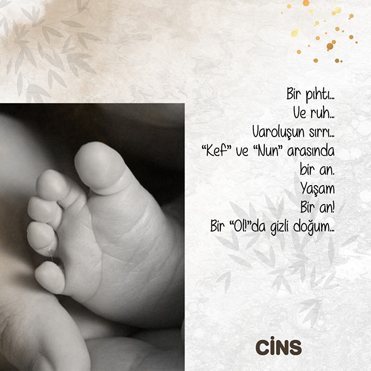 Bir pıhtı...
Ve ruh...
Varoluşun sırrı...
“Kef” ve “Nun” arasında bir an.
Yaşam
Bir an!
Bir “Ol!”da gizli doğum...