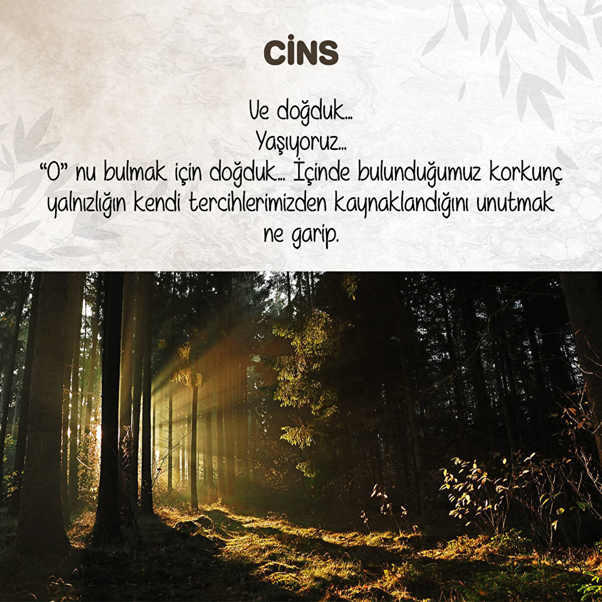 Ve doğduk...
Yaşıyoruz...
“O” nu bulmak için doğduk... İçinde bulunduğumuz korkunç yalnızlığın kendi tercihlerimizden kaynaklandığını unutmak ne garip.