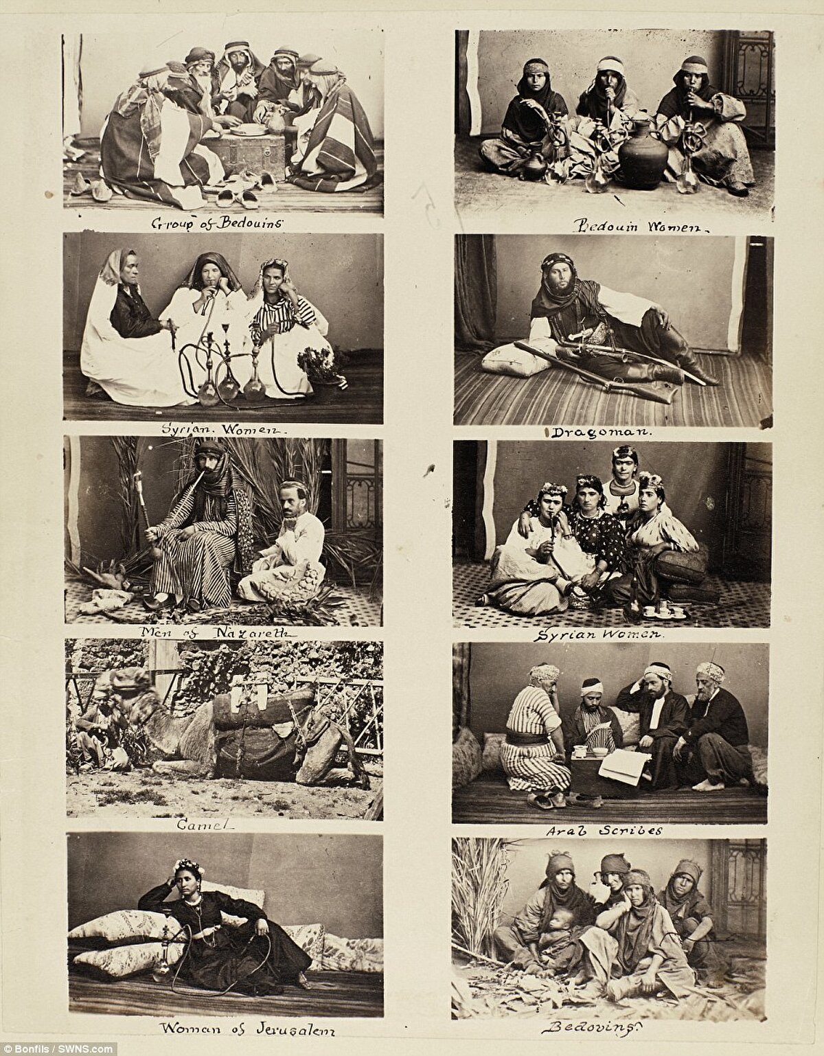 Koleksiyondaki fotoğraflardan birinde ise; 1860'lı yıllarda bölgedeki farklı etnik, dinî ve kültürel çevrelerden insanlar ve sahibiyle birlikte oturan bir deve öne çıkıyor.
