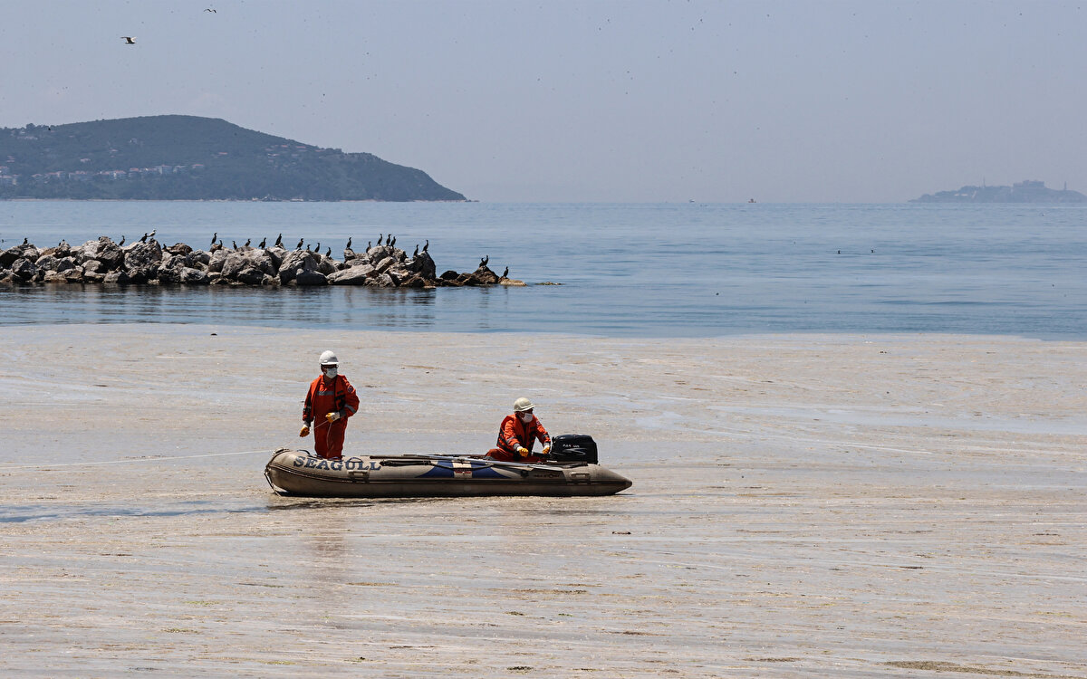 Caddebostan Sahili'ne gelen ekipler, deniz salyasının bir noktada birikmesi için denize bariyer çekti.