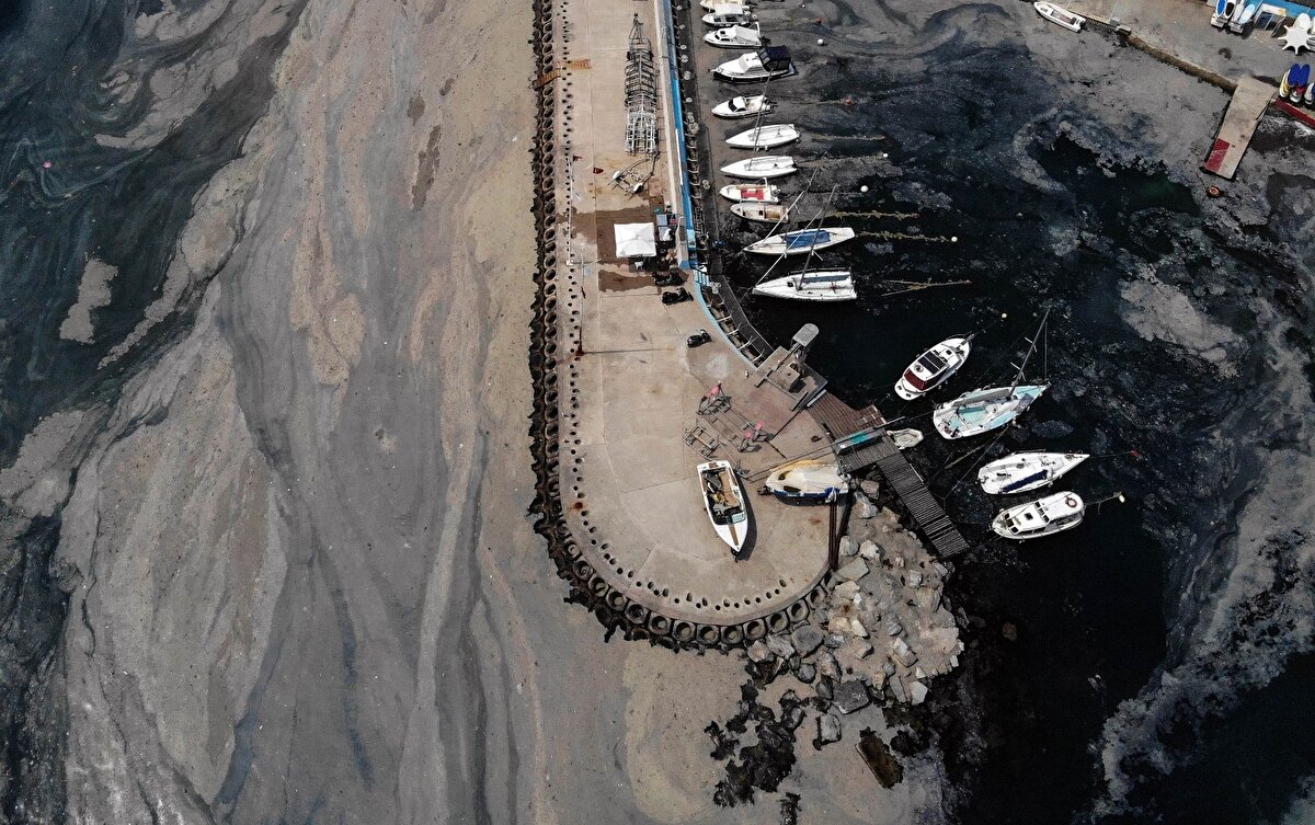 Suadiye Sahili'nde çekilen görüntülerde tekneler, salya kaplı denizde ilerlerken ilginç görüntüler oluşturdu.
