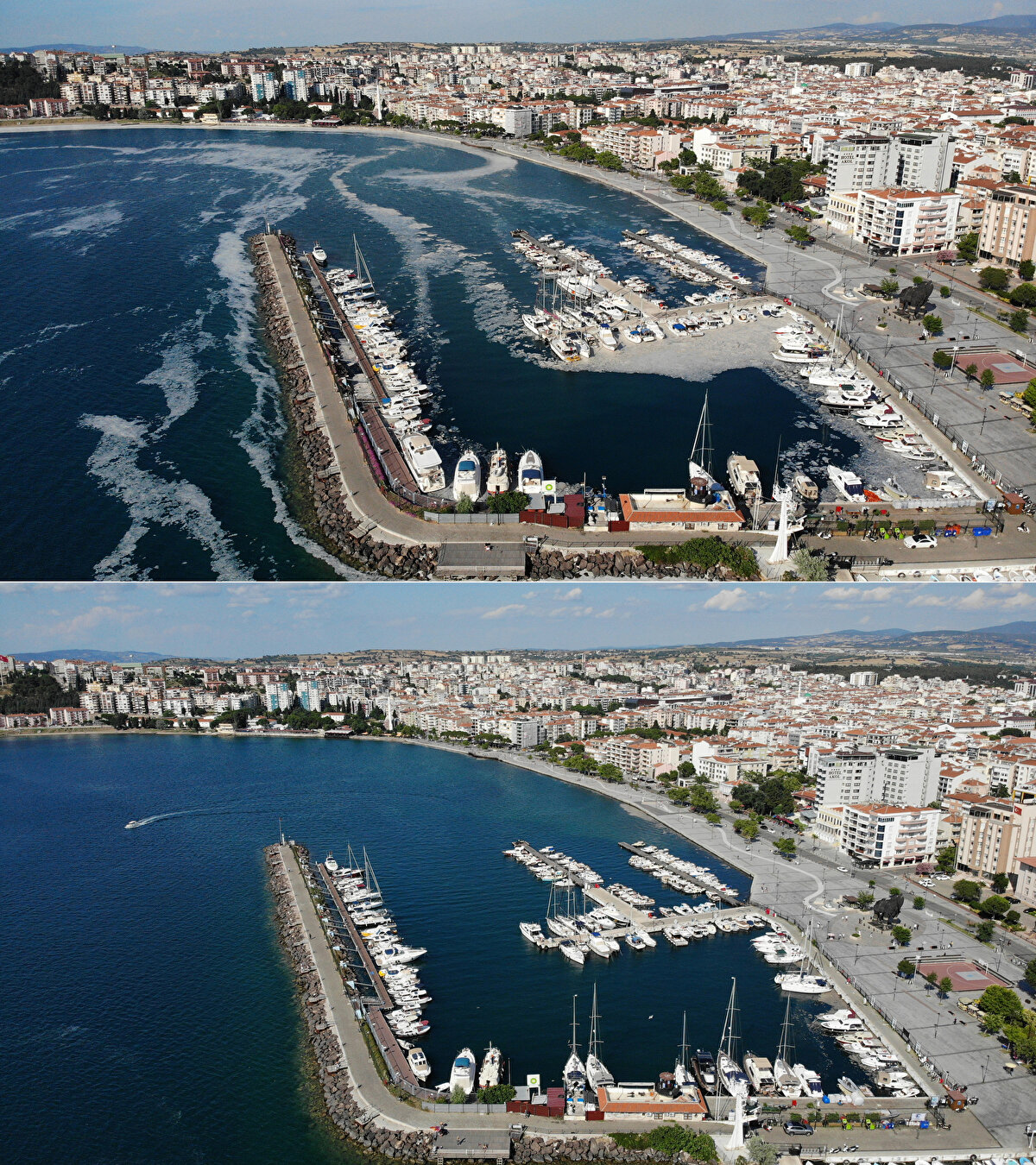 Güney sahili boyunca yüzeyde neredeyse yok denilecek kadar azalan müsilajın durumu, aynı açılardan drone ile havadan da görüntülendi.