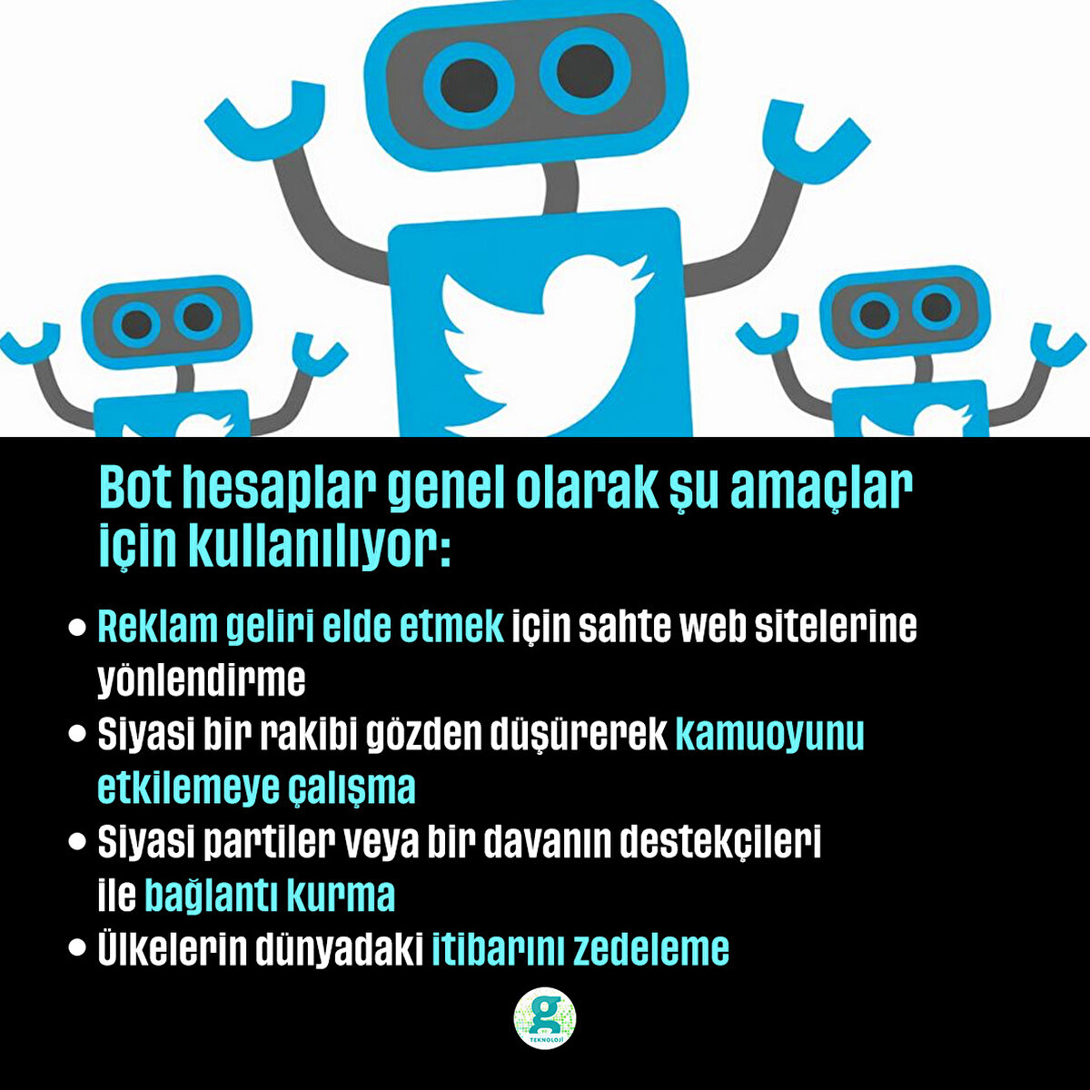 Bot hesaplar genel olarak şu amaçlar için kullanılıyor:

- Reklam geliri elde etmek için sahte web sitelerine yönlendirme
- Siyasi bir rakibi gözden düşürerek kamuoyunu etkilemeye çalışma
- Siyasi partiler veya bir davanın destekçileri ile bağlantı kurma
- Ülkelerin dünyadaki itibarını zedeleme