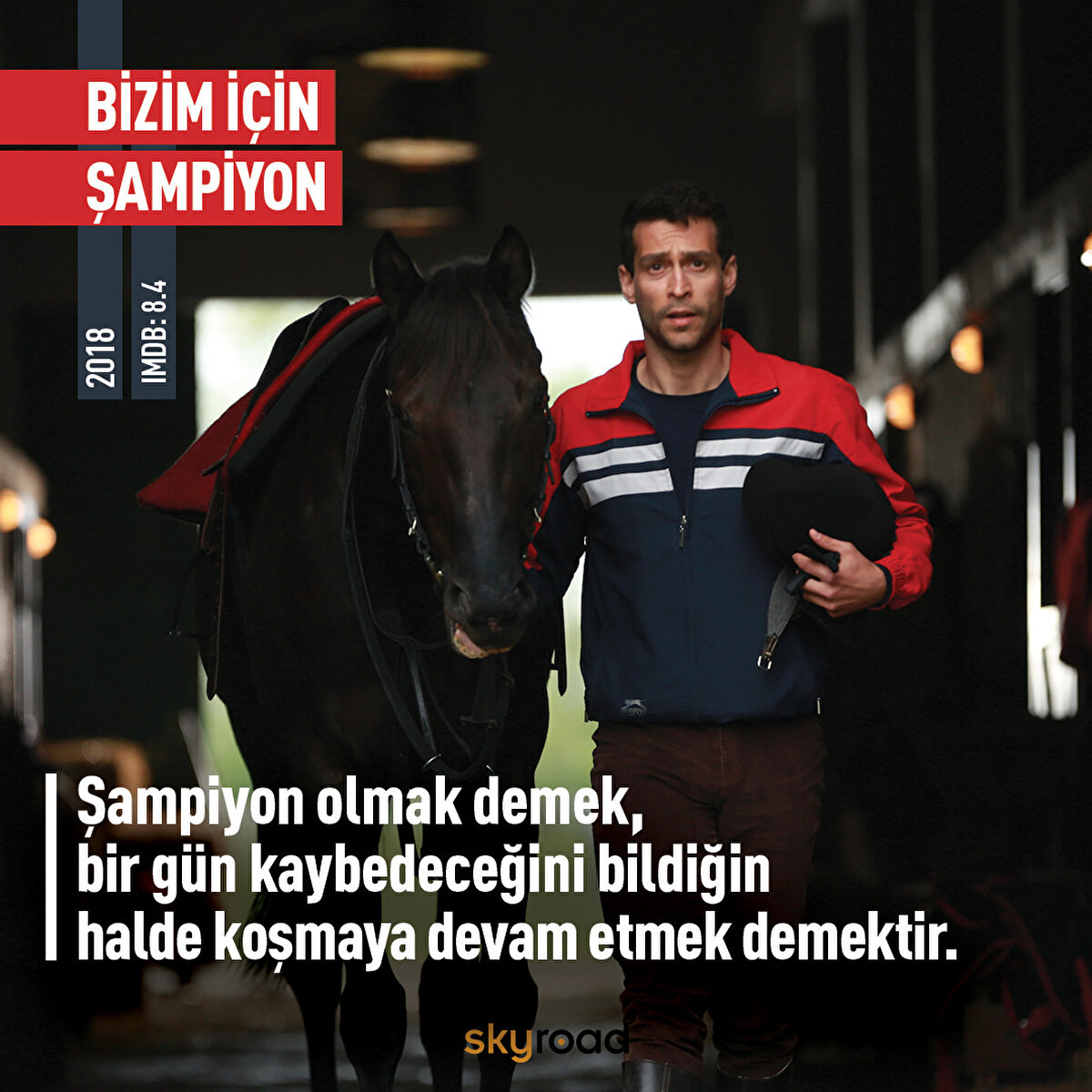 Gerçek bir hayat hikayeden uyarlanan Şampiyon, Halis Karataş ve efsane yarış atı Bold Pilot‘ın birlikte unutulmaz başarılara imza atmalarını konu ediyor. İkilinin 1996 yılı Gazi Koşusu’ndaki 2:26:22’lik rekoru hala kimse geçemedi.