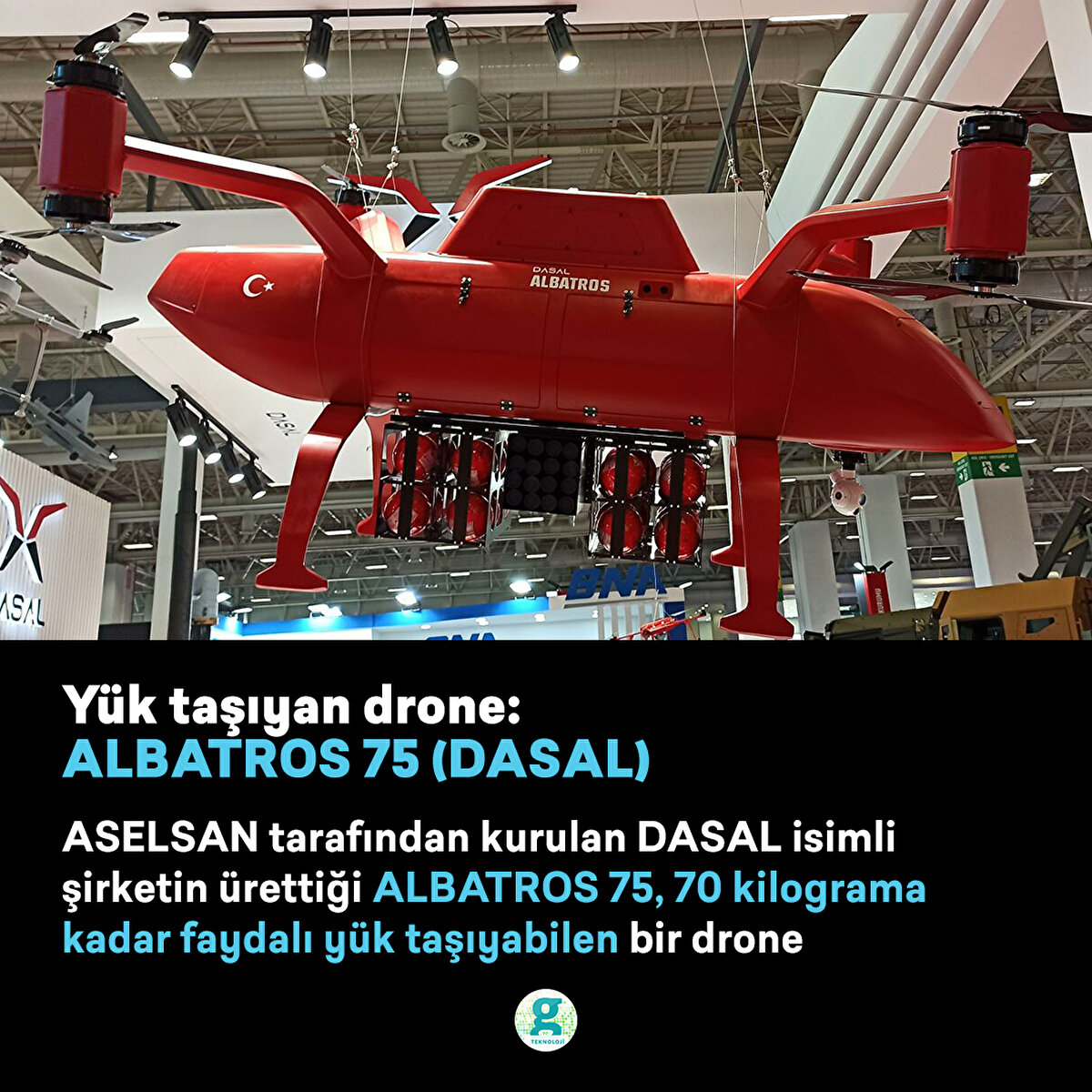 ASELSAN tarafından kurulan DASAL isimli şirketin ürettiği ALBATROS 75, 70 kilograma kadar faydalı yük taşıyabilen bir drone