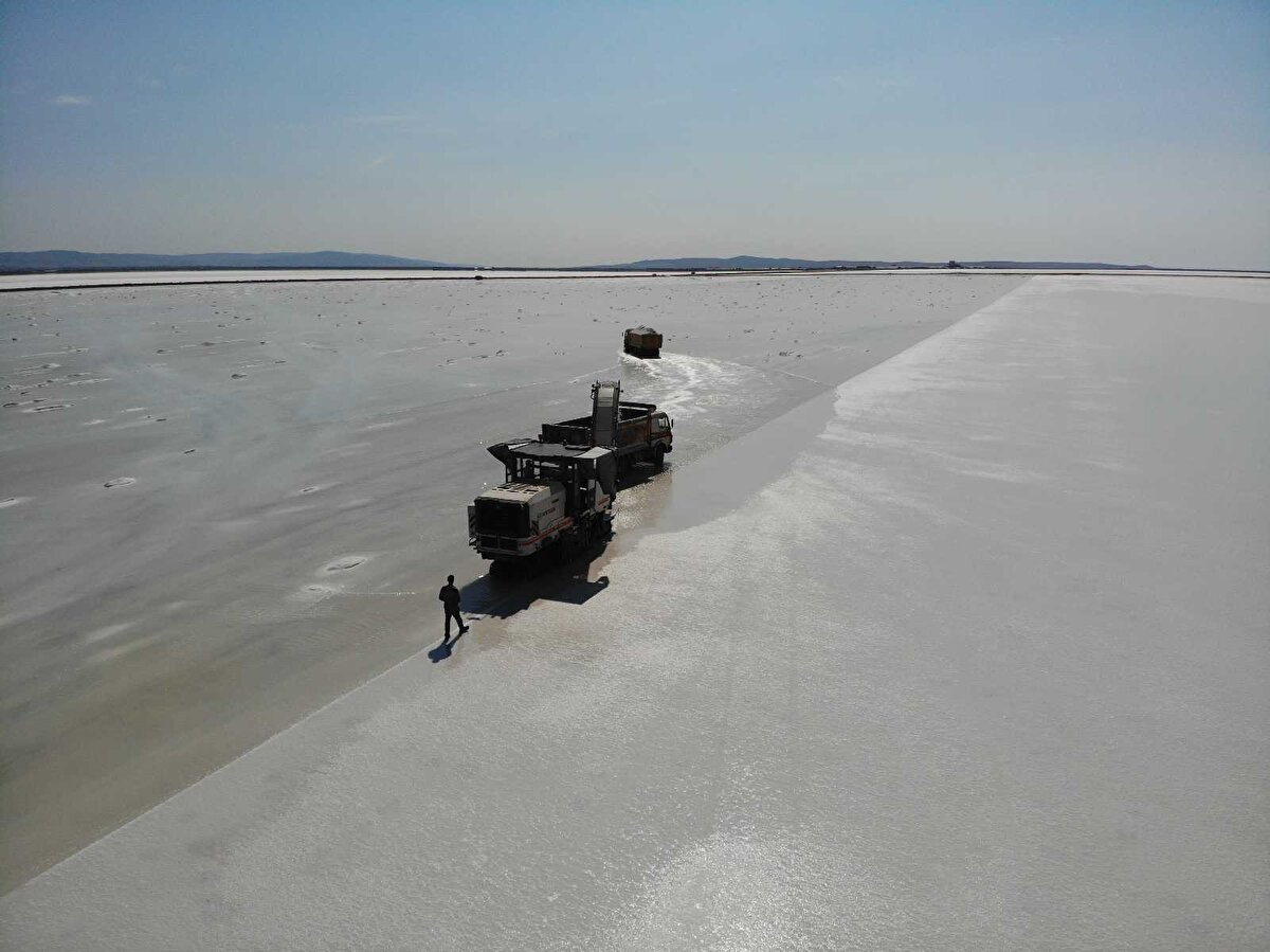 Tuz kesme makineleri ile toplanan tuzlar kamyonlara aktarılarak toplanma alanına ve işlenmek üzere fabrikaya gönderiliyor.

