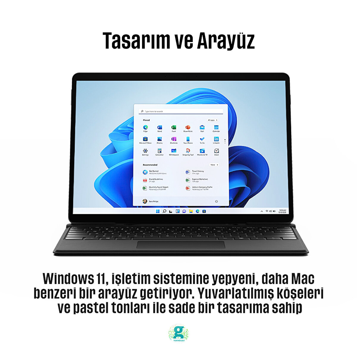 Windows 11, işletim sistemine yepyeni, daha Mac benzeri bir arayüz getiriyor. Yuvarlatılmış köşeleri ve pastel tonları ile sade bir tasarıma sahip