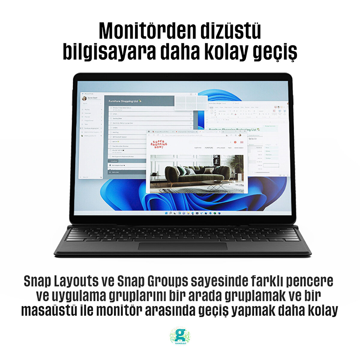 Snap Layouts ve Snap Groups sayesinde farklı pencere ve uygulama gruplarını bir arada gruplamak ve bir masaüstü ile monitör arasında geçiş yapmak daha kolay