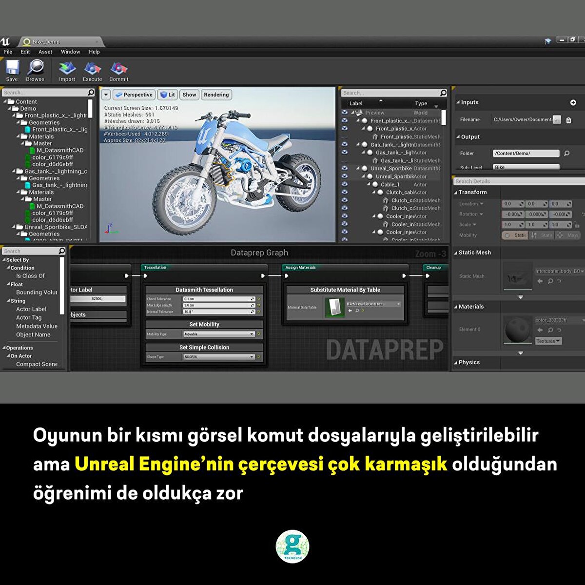 Oyunun bir kısmı görsel komut dosyalarıyla geliştirilebilir ama Unreal Engine’nin çerçevesi çok karmaşık olduğundan öğrenimi de oldukça zor