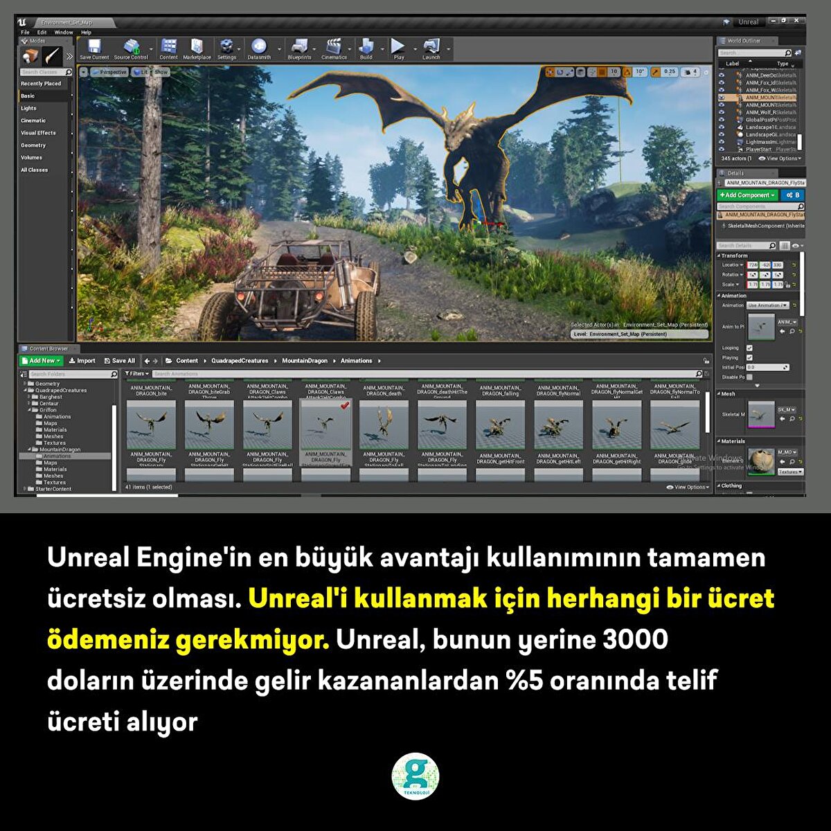 Unreal Engine'in en büyük avantajı kullanımının tamamen ücretsiz olması. Unreal'i kullanmak için herhangi bir ücret kullanmanız gerekmiyor
Unreal, Bunun yerine 3000 doların üzerinde gelir kazananlardan %5 oranında telif ücreti alıyor
