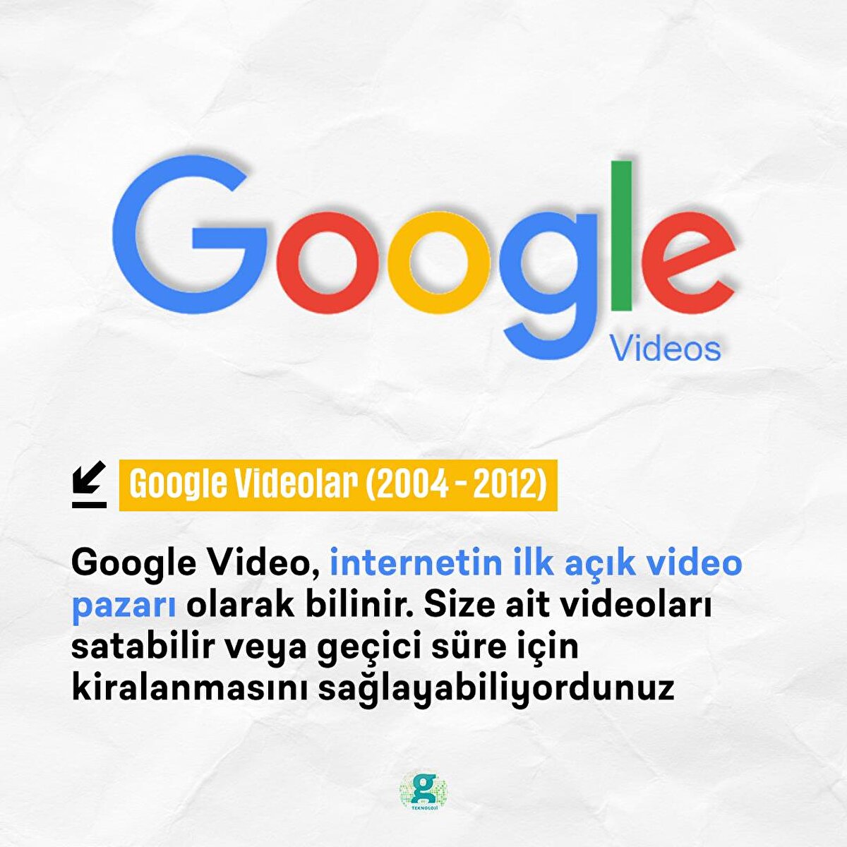 Google Video, internetin ilk açık video pazarı olarak bilinir. Size ait videoları satabilir veya geçici süre için kiralanmasını sağlayabiliyordunuz