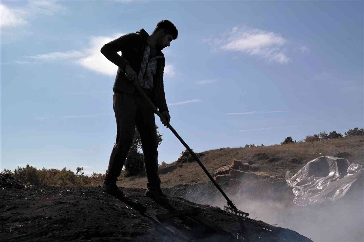 Sabahın erken saatlerinde traktör ile Orman Bölge Müdürlüğü’nün belirlediği alanlardan meşe odunlarını toplayan mevsimlik işçiler, günler süren mesai ile biriktirdikleri odunları piramit şeklinde diziyor.<br>