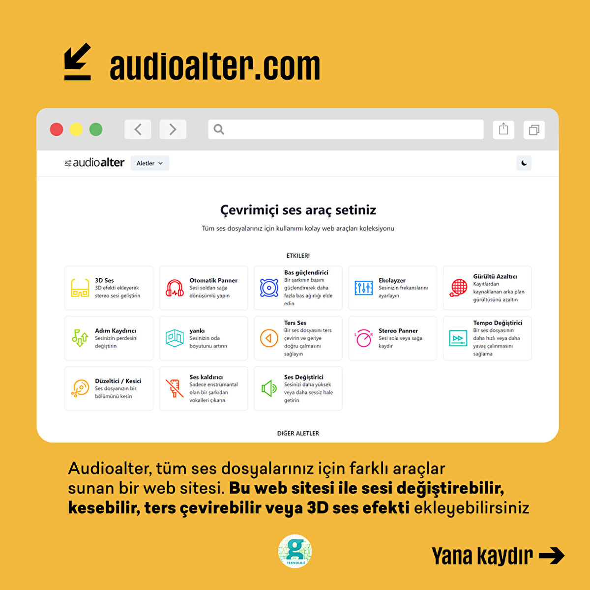 Audioalter, tüm ses dosyalarınız için farklı araçlar sunan bir web sitesi. Bu web sitesi ile sesi değiştirebilir, kesebilir, ters çevirebilir veya 3D ses efekti ekleyebilirsiniz