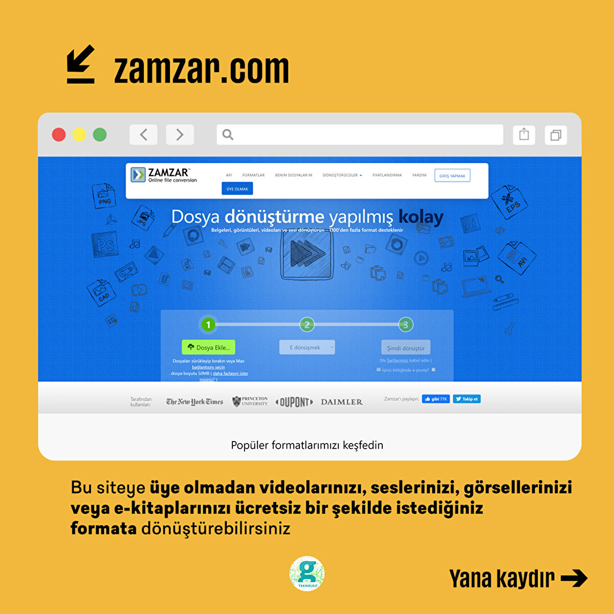 Bu siteye üye olmadan videolarınızı, seslerinizi, görsellerinizi veya e-kitaplarınızı ücretsiz bir şekilde istediğiniz formata dönüştürebilirsiniz