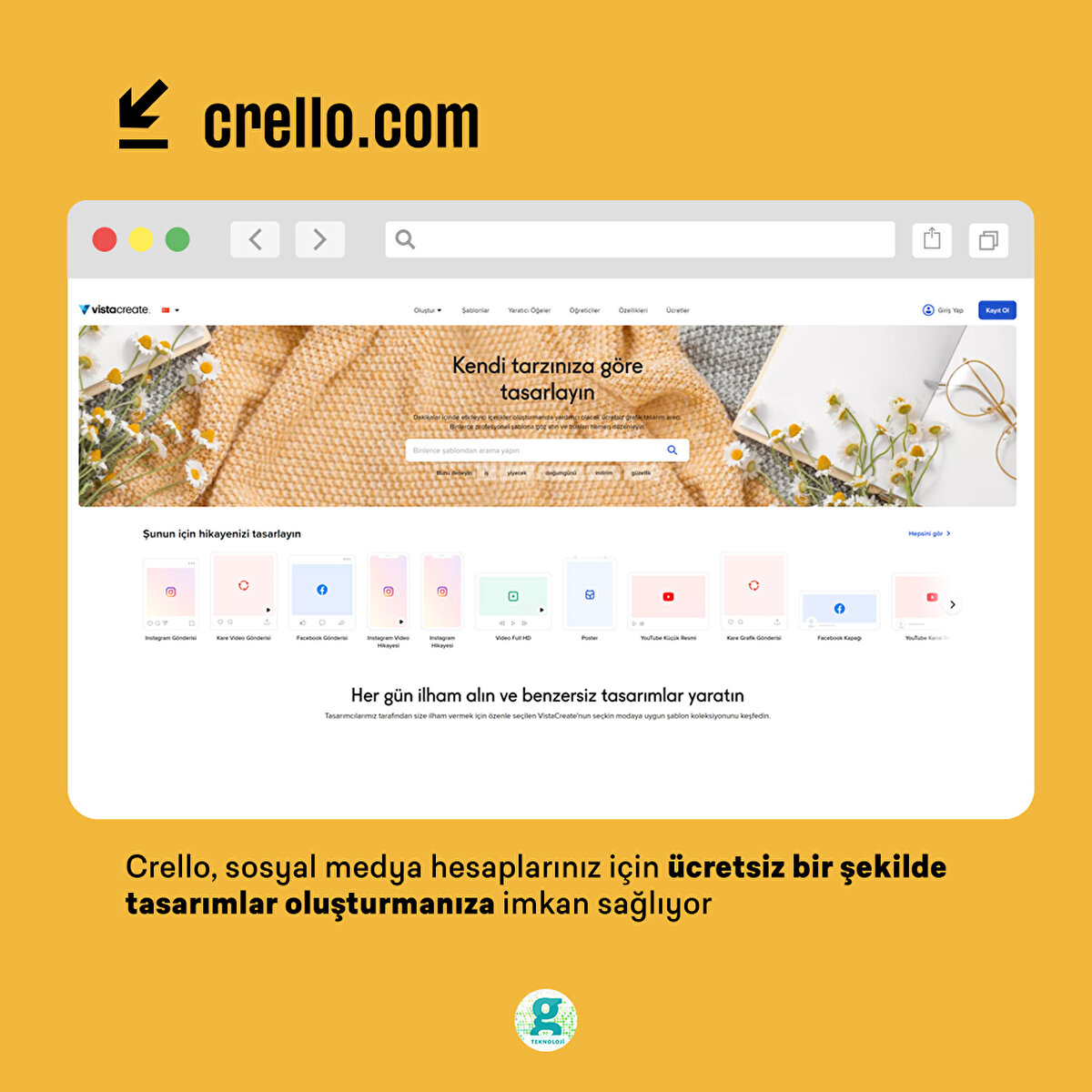 Crello, sosyal medya hesaplarınız için ücretsiz bir şekilde tasarımlar oluşturmanıza imkan sağlıyor