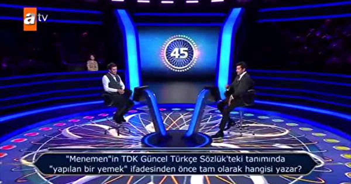 "Menemenin TDK Güncel Türkçe Sözlük'teki tanımında 'yapılan bir yemek' ifadesinden önce tam olarak hangisi yazar?" sorusuna "Yumurta, yeşilbiber ve domatesle" yanıtını veren yarışmacı 2 bin TL alarak yarışmaya veda etti.<br><br><br>