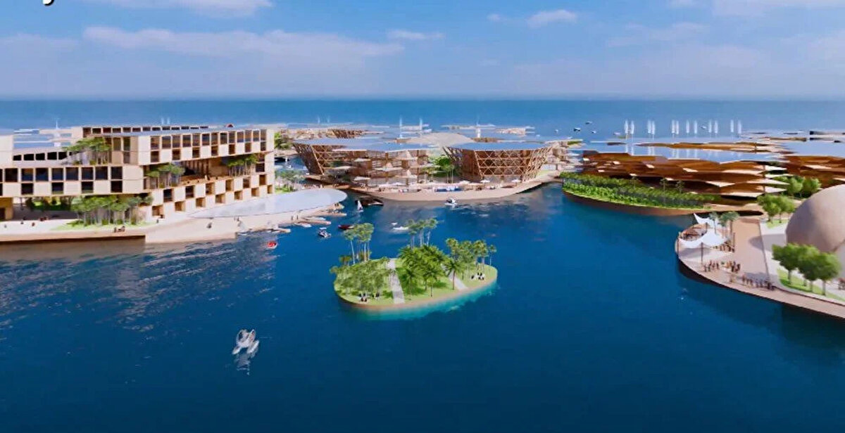 Her adanın altıgen şeklinde olacağı belirtilen şehirde, betondan 2 ila 3 kat daha sert bir kireç taşı kaplaması yer alacak.<br><br>Her platformun altındaki kafesler, deniz tarağı, yosun veya diğer deniz ürünlerini tutmak için kullanılabilirken, balıkların atıkları bitkileri gübrelemek için kullanılacak.