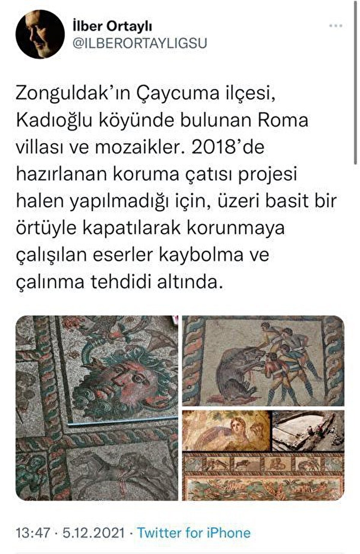 Tarih profesörü İlber Ortaylı ise Çaycuma mozaiklerine değinerek, "Zonguldak'ın Çaycuma ilçesinde, Roma villası ve mozaikler bulundu. Nihayet Zeugma mozaikleriyle yarışacak bir mozaik bahçesi daha bulunmuş. Konular hep aynı; mitoloji. Bütün bunların bir an evvel envanterinin tespiti, korunması ve kaçakçıların tahripkar kazılarından evvel ilmi kazıların başlaması lazım. 2018'de hazırlanan koruma çatısı projesi halen yapılmadığı için, üzeri basit bir örtüyle kapatılarak korunmaya çalışılan eserler kaybolma ve çalınma tehdidi altında" diye ifade etti.<br><br>