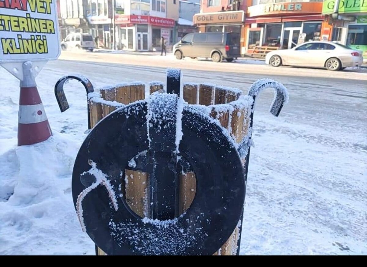 Göle Belediyesi'nde temizlik işçisi olarak görev yapan Ensar Kerdige, çöplerin bile buz tuttuğunu belirtti. 
