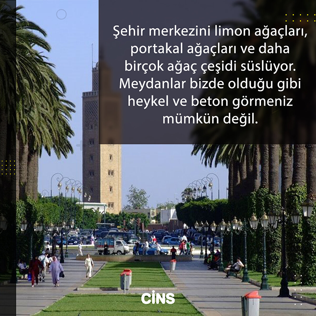 Şehir merkezini limon ağaçları, portakal ağaçları ve daha birçok ağaç çeşidi süslüyor. Meydanlar bizde olduğu gibi heykel ve beton görmeniz mümkün değil.