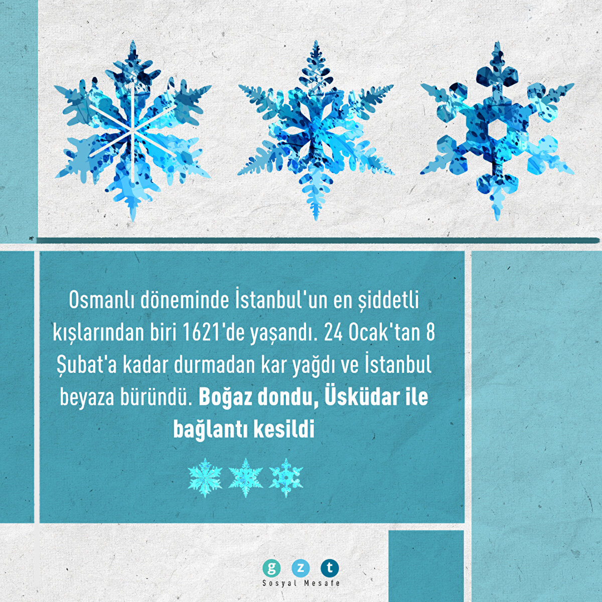 Osmanlı d&#246;neminde İstanbul'un en şiddetli kışlarından biri 1621'de yaşandı. 24 Ocak'tan 8 Şubat'a kadar durmadan kar yağdı ve İstanbul beyaza b&#252;r&#252;nd&#252;. Boğaz dondu, &#220;sk&#252;dar ile bağlantı kesildi