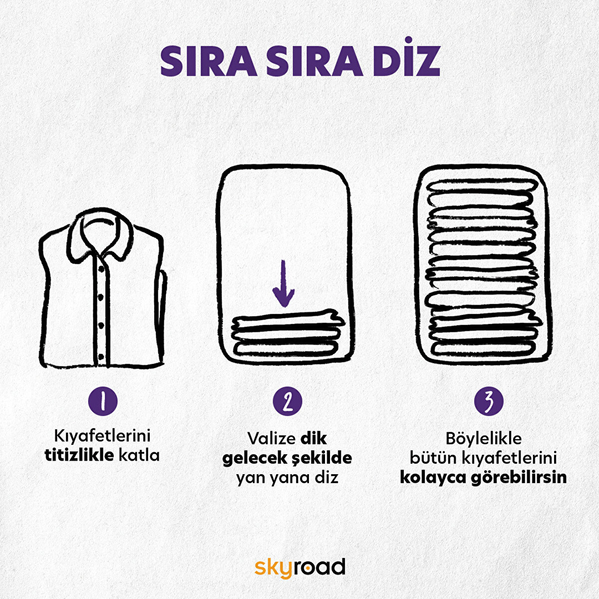 Silindir yöntemi sana göre değilse, dizmeyi dene. Bu şekilde eşyalarını kuşbakışı olarak görüp kolayca ayırt edebilirsin.