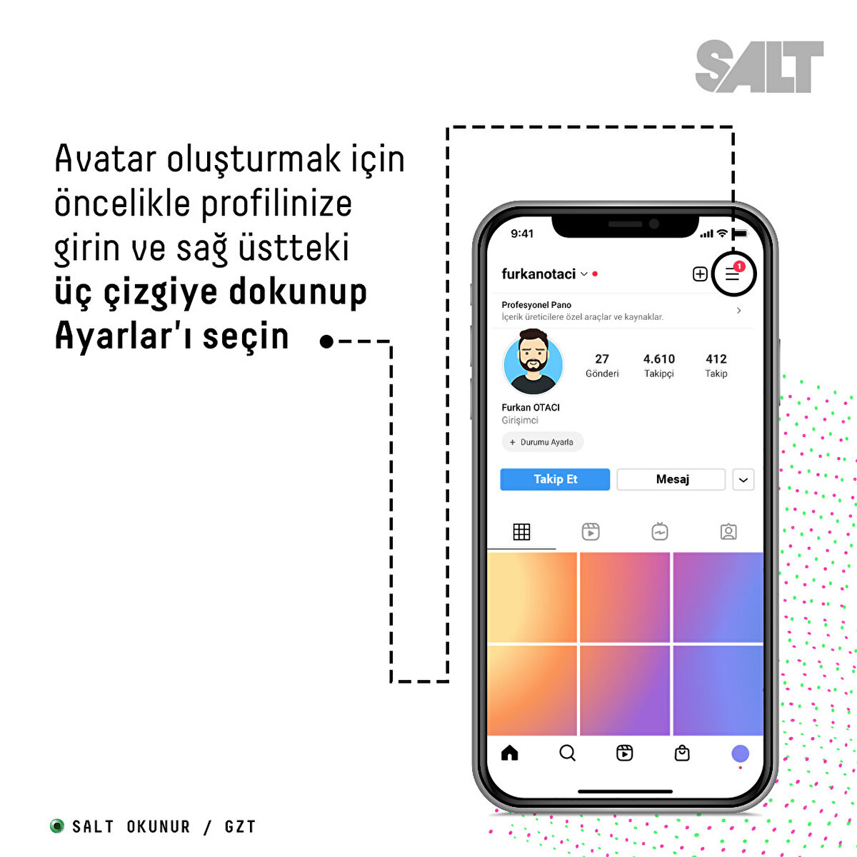 Avatar oluşturmak için öncelik profilinize girin ve sağ üstteki üç çizgiye dokunup Ayarlar'ı seçin