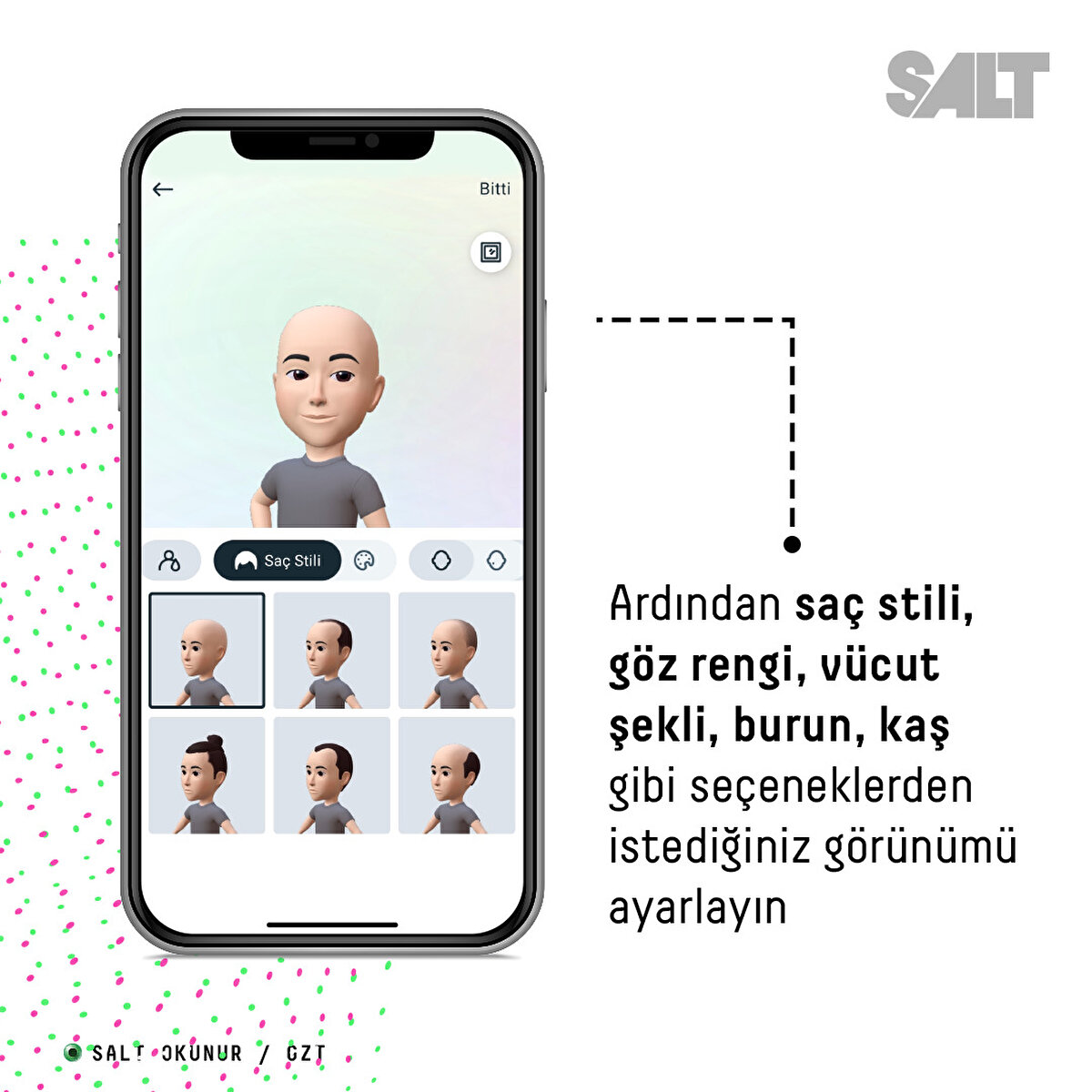 Ardından saç stili, göz rengi, vücut şekli, burun, kaş gibi seçeneklerden istediğiniz görünümü ayarlayın