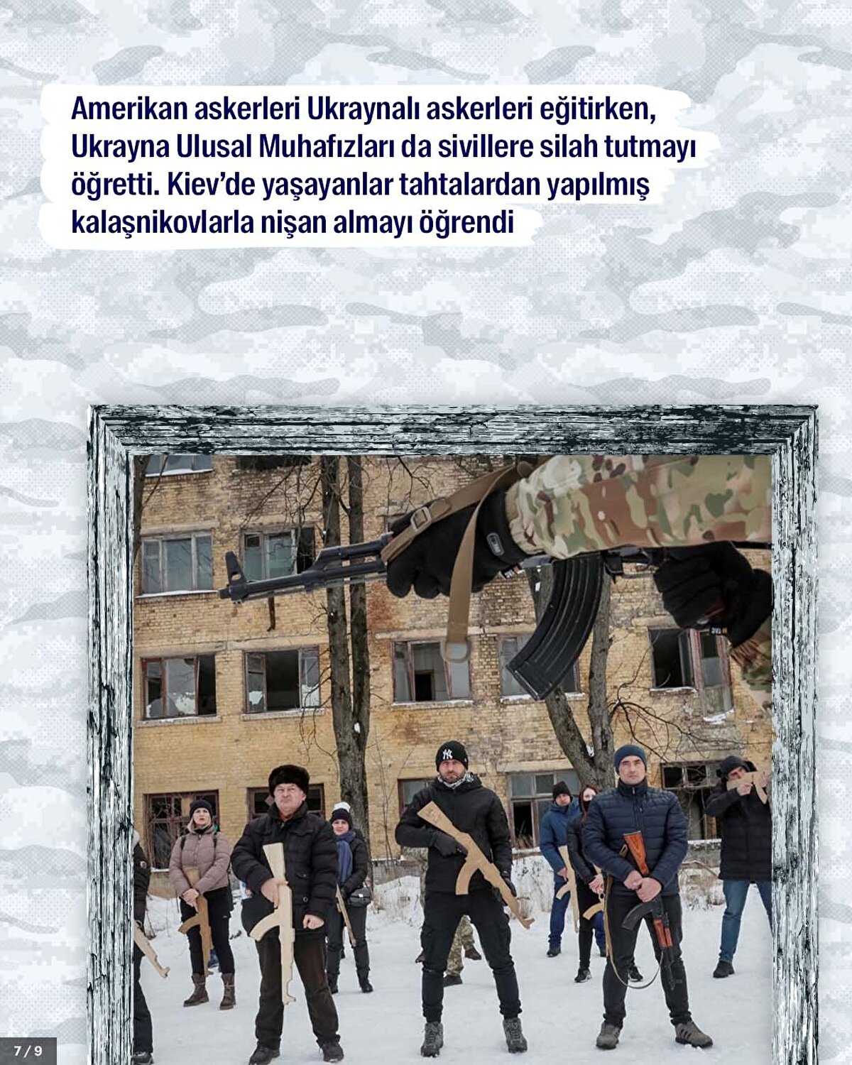 Amerikan askerleri Ukraynalı askerleri eğitirken, Ukrayna Ulusal Muhafızları da sivillere silah tutmayı öğretti. Kiev’de yaşayanlar tahtalardan yapılmış kalaşnikovlarla nişan almayı öğrendi