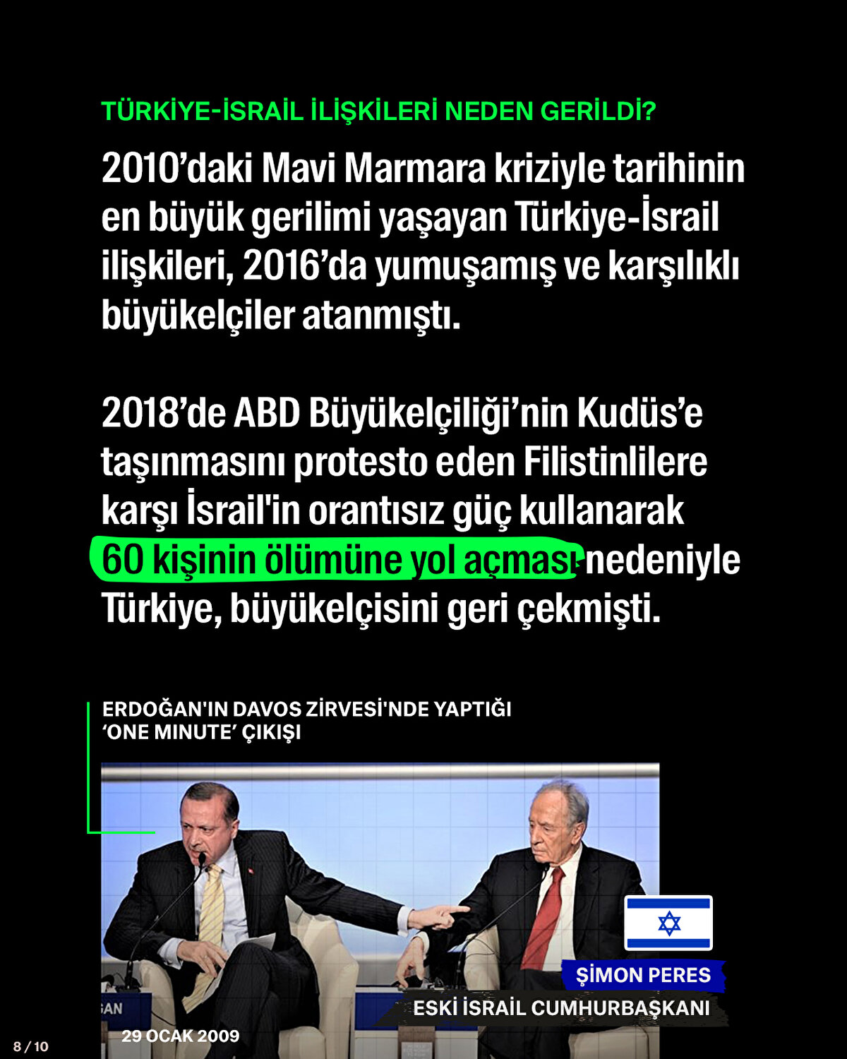 2010’daki Mavi Marmara kriziyle tarihinin en büyük gerilimi yaşayan Türkiye-İsrail ilişkileri, 2016’da yumuşamış ve karşılıklı büyükelçiler atanmıştı. 2018’de ABD Büyükelçiliği’nin Kudüs’e taşınmasını protesto eden Filistinlilere karşı İsrail'in orantısız güç kullanarak 60 kişinin ölümüne yol açması nedeniyle Türkiye, büyükelçisini geri çekmişti.